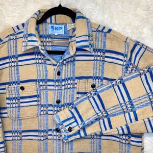 Vintage KP Men's Large Heavyweight Cotton Flannel Button Shirt Tan Blue Plaid